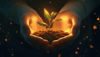 Graphic depiction of hands lovingly holding rich soil with a young plant emerging