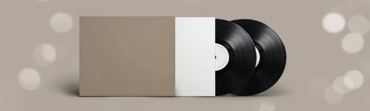 black vinyl LP record and a blank copy space beige album cover, flat lay against a smooth, neutral background with bokeh lights. Mockup template. Music concept
