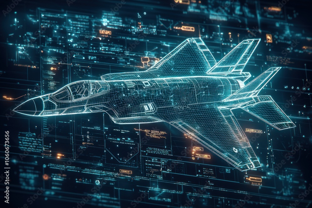 Poster Futuristic Digital Wireframe Representation of an Airplane on a Screen