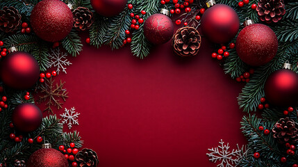 festive Christmas background featuring red ornaments, pine branches, and decorative elements, creating warm and inviting atmosphere for holiday season