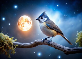 Night Photography of a Titmouse Bird on a Branch Under Starry Sky, Capturing Nature's Beauty with Moonlight, Wildlife, and Serene Atmosphere
