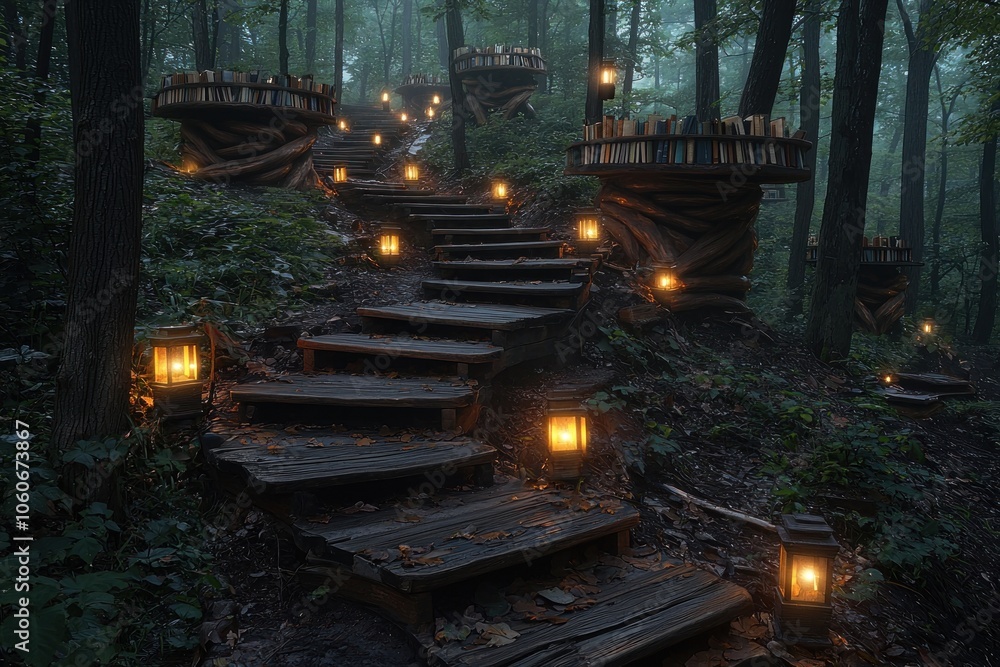 Aufkleber a mystical forest path illuminated by lanterns and book-filled tree stumps