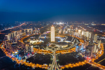 Naklejka premium Night aerial View of CBD in Zhengdong New District, Zhengzhou, Henan Province, China