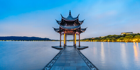 Night view of Jixian Pavilion in West Lake, Hangzhou, Zhejiang, China