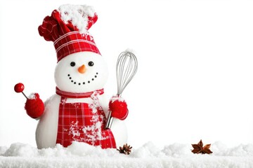 Cheerful snowman chef with whisk in winter wonderland