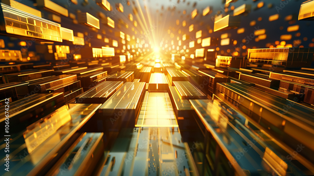 Poster abstract background with golden blocks in perspective