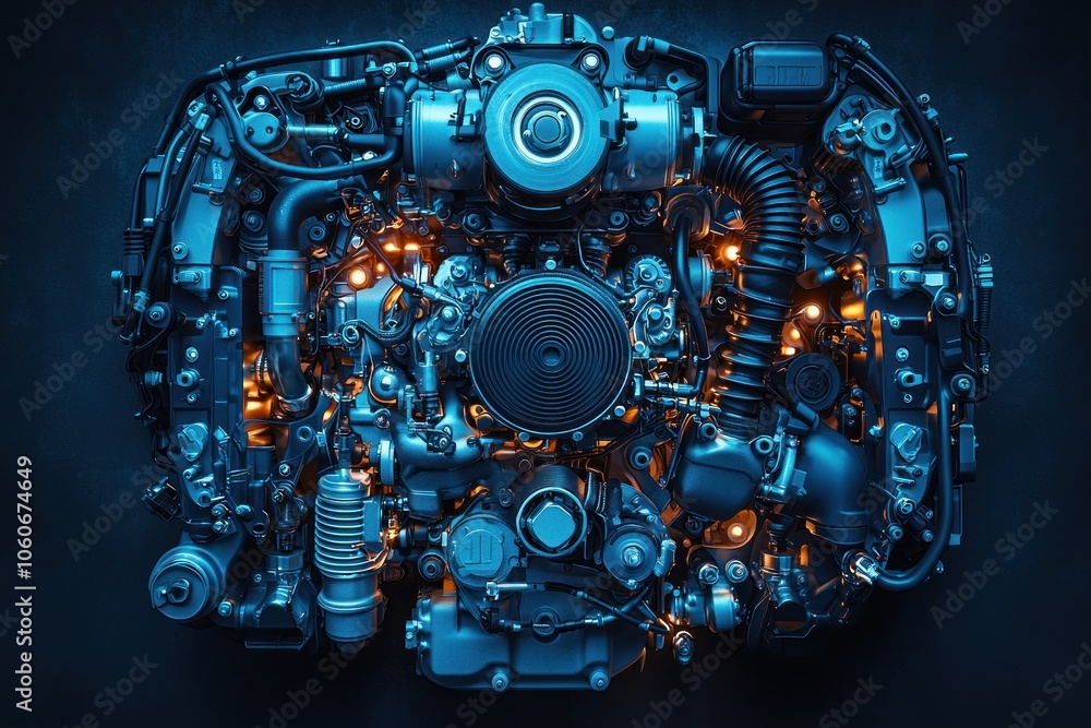 Poster close-up of a complex engine with glowing details