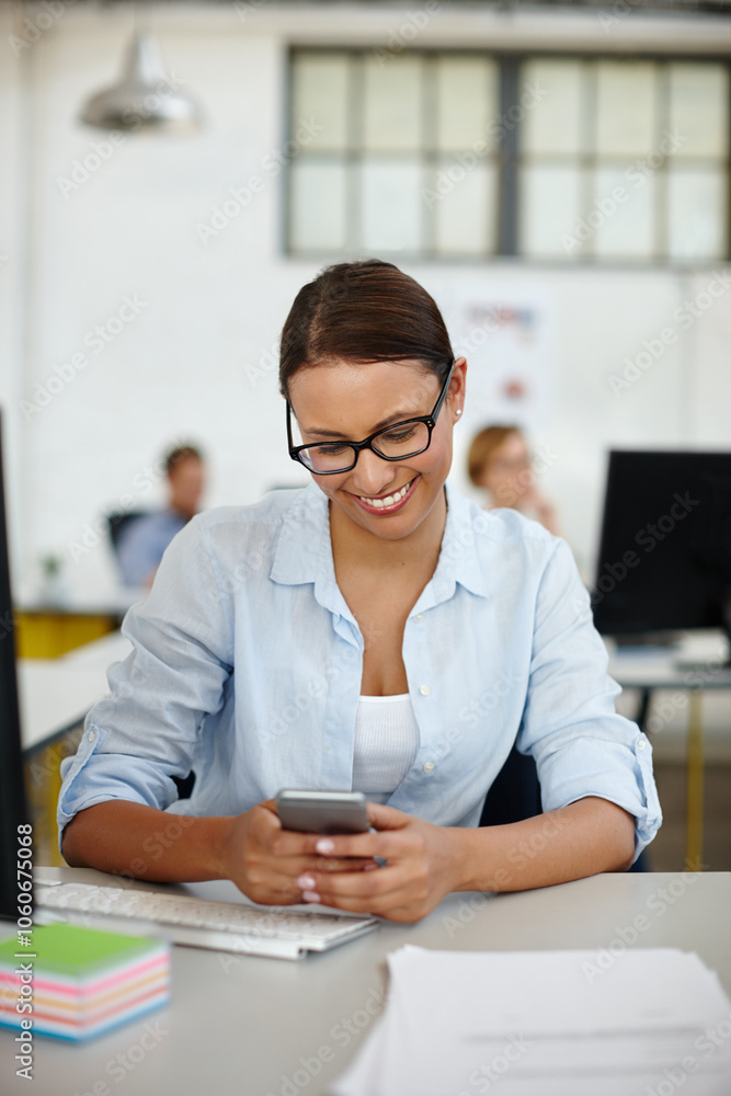 Poster happy, reading and woman with smartphone, office and networking with contact, ux designer and app. c