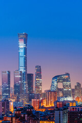 High angle night view of the Beijing Guomao CBD architectural complex in China