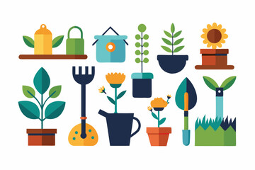 Set of flat gardening icons isolated white background
