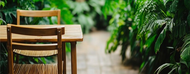 A cozy wooden table and chair nestled among lush green plants, creating a serene outdoor seating area ideal for relaxation.