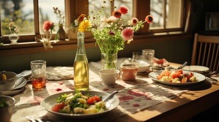 Fototapeta premium A sunny table setting with a floral centerpiece, a glass of amber liquid, and a plate of vibrant salad.
