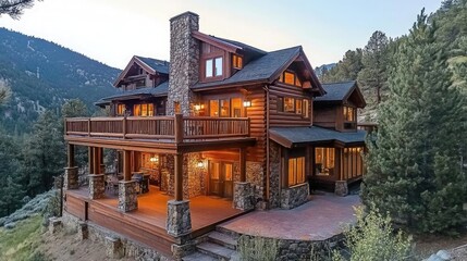 Obraz premium A luxurious log cabin nestled amongst tall trees and a mountain backdrop.