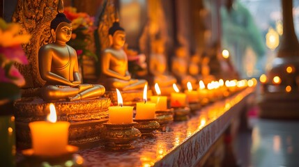 Golden candles illuminate the ancient Thai temple, a sacred space for Buddhist meditation and spiritual worship