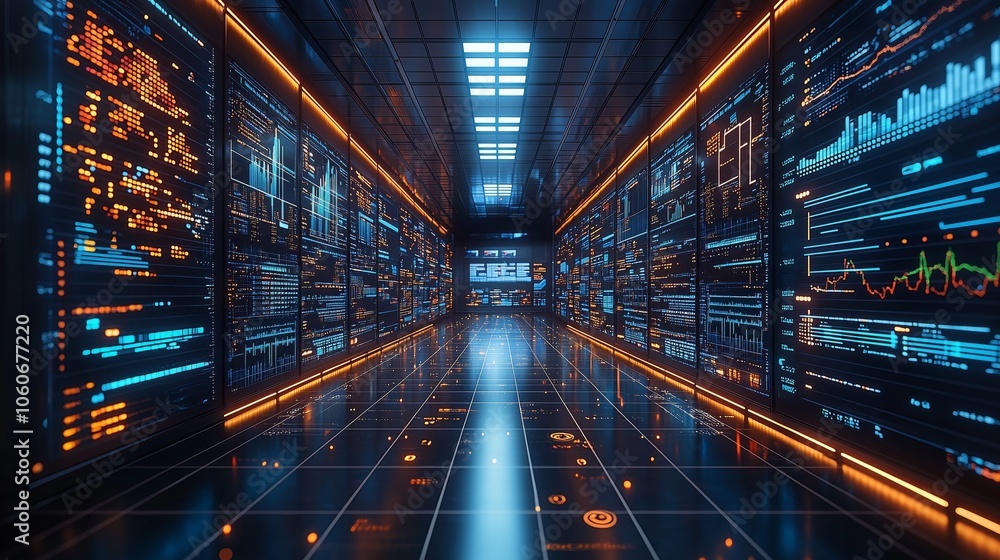 Poster an illuminated hallway of a data center with futuristic design. vibrant neon lights and data panels 