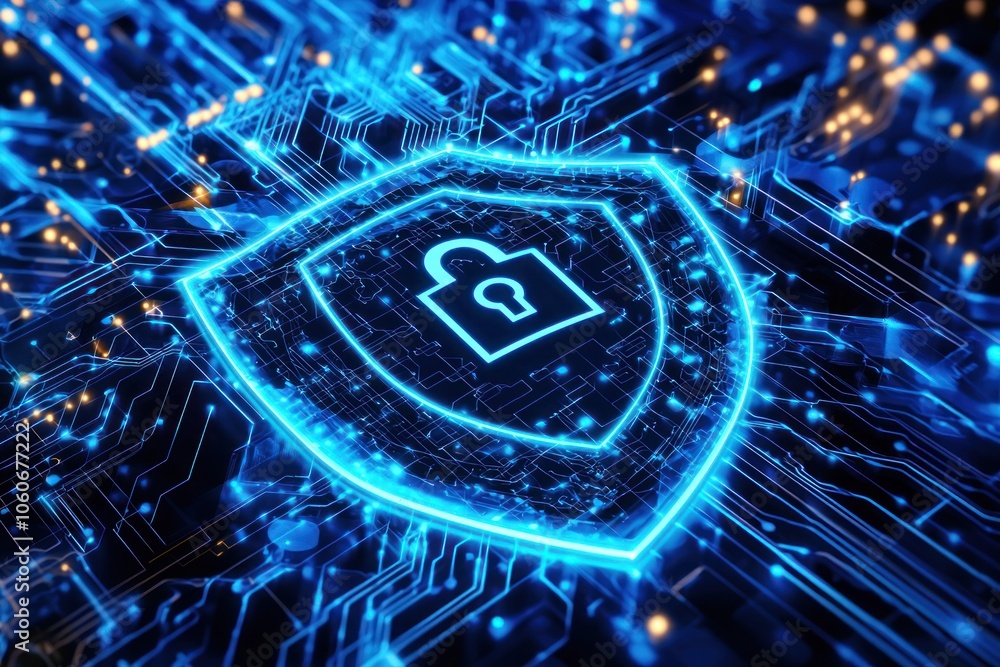 Poster glowing blue shield with lock on a circuit board background