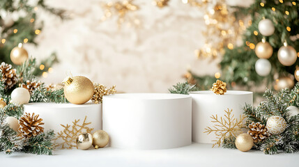 Stunning arrangement of empty white podiums surrounded by festive decorations