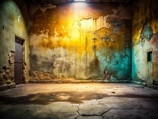 Night Photography of Weathered Concrete Texture - Old White Cement Floor with Pastel Hues and Sepia Tones in Empty Wall Interior