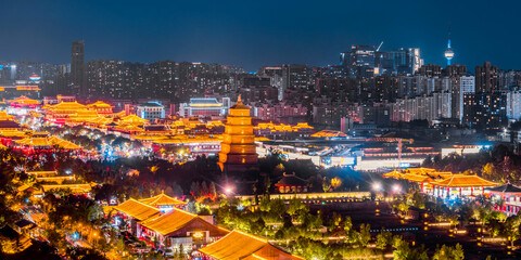 High Anlge View of urban skyline night view of the Big Wild Goose Pagoda in Xi'an, Shaanxi, China