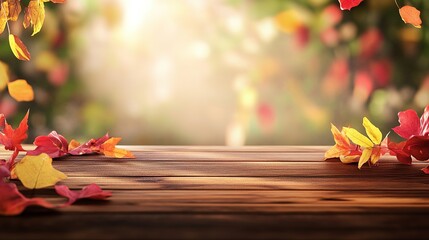 Autumn Background with Wooden Table, Red and Yellow Leaves, and Soft Blurred Fall Scenery