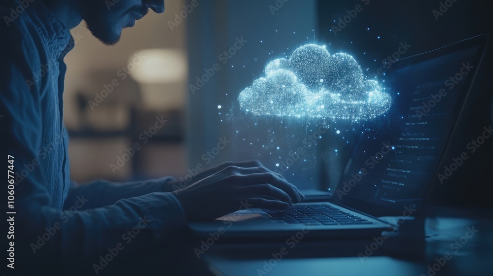 Poster a person's hands type on a laptop with a glowing cloud symbol above, representing cloud computing an