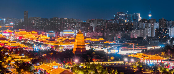 High Anlge View of urban skyline night view of the Big Wild Goose Pagoda in Xi'an, Shaanxi, China