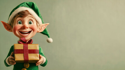 Happy cartoon-style elf holding a festive gift box with a red ribbon, dressed in a green hat and outfit, smiling against a soft green background.