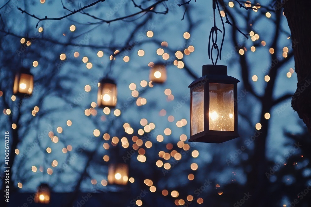 Poster a lantern hanging from a tree branch with string lights and bokeh