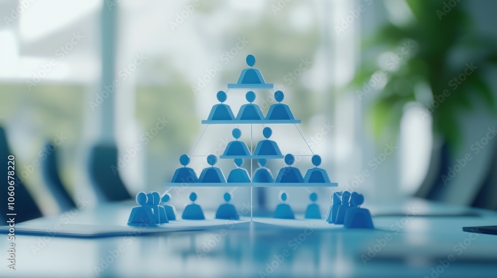 Poster a 3d model illustrating a hierarchical organizational structure.