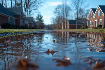 Obraz premium A Puddle Reflecting Houses and Trees in a Suburb