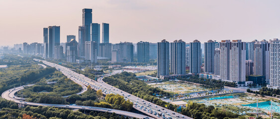 Dusk Scenery of the High tech CBD City Skyline in Xi'an, Shaanxi Province, China