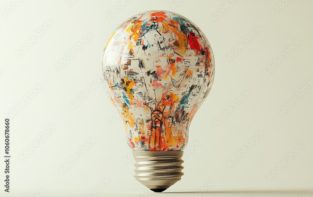 Poster captivating 3d rendering of a lightbulb filled with diverse business sketches on a clean white backg