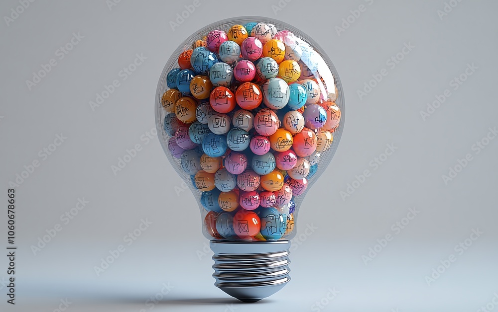 Poster captivating 3d rendering of a lightbulb filled with diverse business sketches on a clean white backg