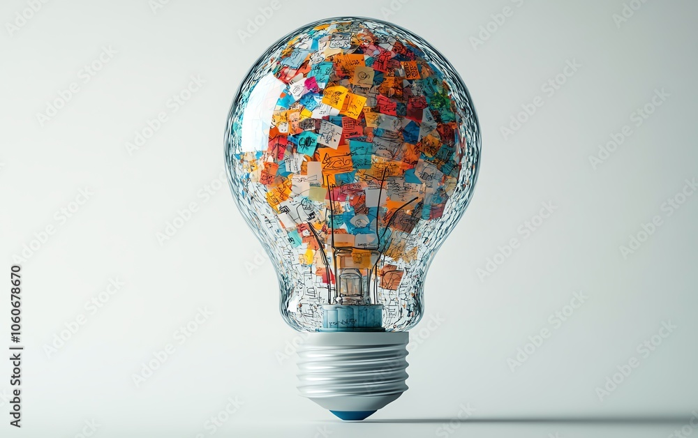 Poster captivating 3d rendering of a lightbulb filled with diverse business sketches on a clean white backg