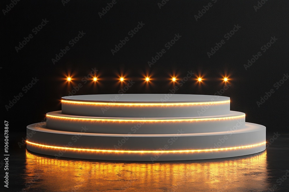 Poster illuminated white circular platform with golden lights