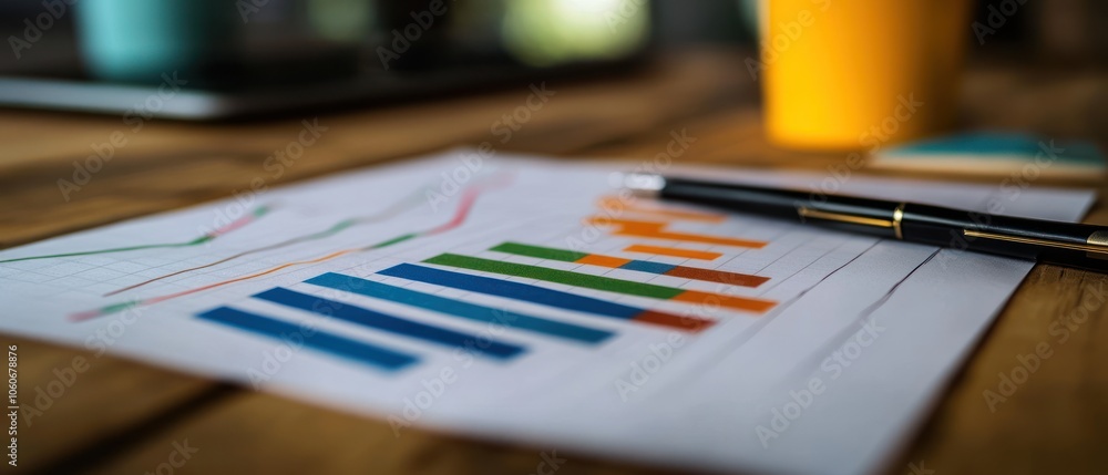 Poster a close-up of a report with colorful graphs and a pen on a wooden desk.