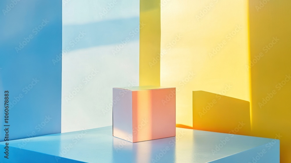 Poster minimalist product display with a white cube on a blue platform against a colorful background.