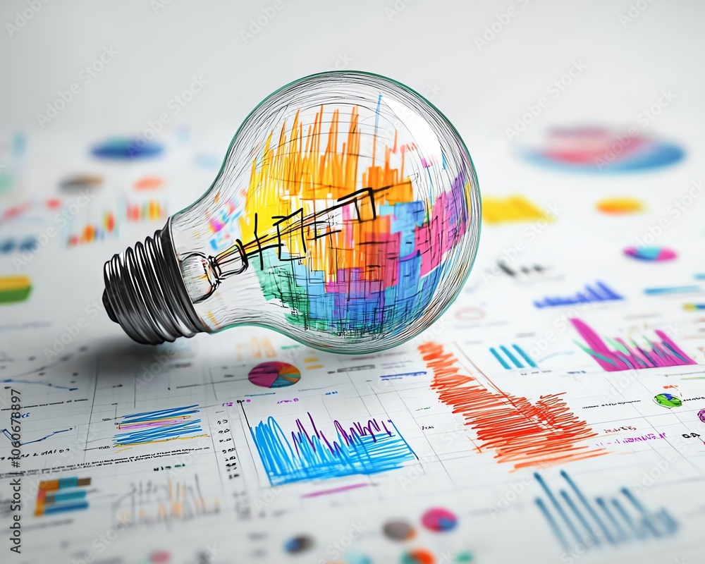 Poster creative 3d rendering of a lightbulb with colorful business sketches inside on a white backdrop, emp