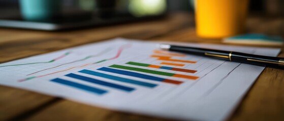 A close-up of a report with colorful graphs and a pen on a wooden desk.