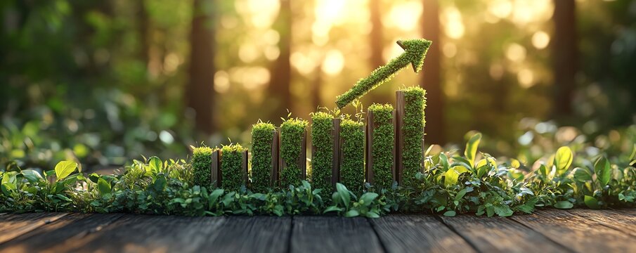 Creative 3D rendering of an ecoinspired bar chart and upward arrow made from fresh green grass on a wooden background, highlighting nature and business growth
