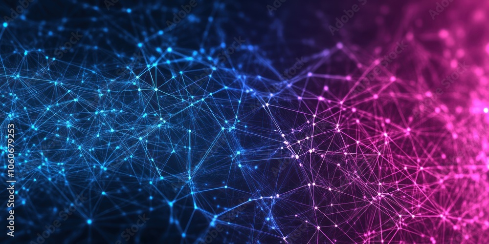 Poster abstract network of glowing lines and points in blue and pink