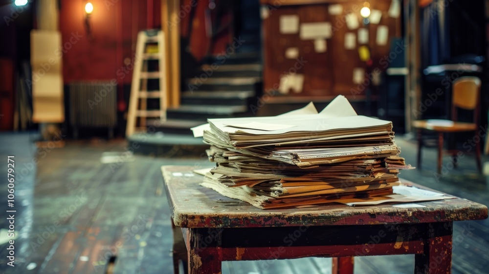 Poster a table near the back of the stage is stacked with script books and rehearsal notes ready for the up