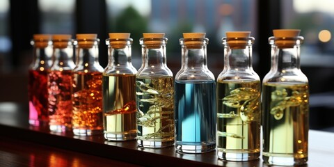 A row of glass bottles filled with vibrant liquids, showcasing the interplay of light and color.