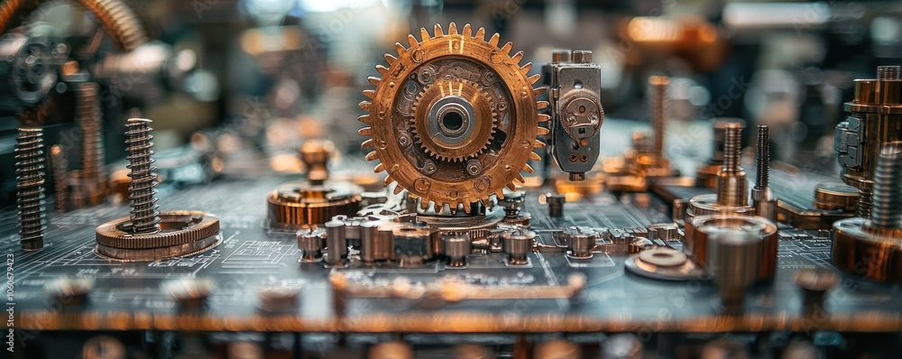 Poster Close-up of intricate mechanical gears and components on a metal surface.