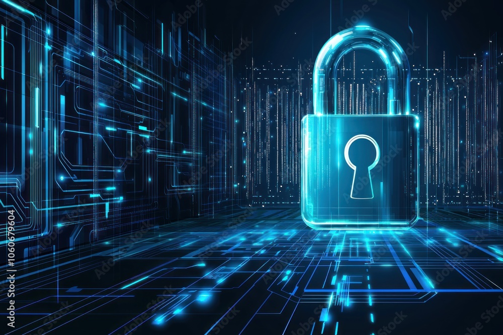 Poster A Cyber Security Concept with a Glowing Padlock on a Circuit Board