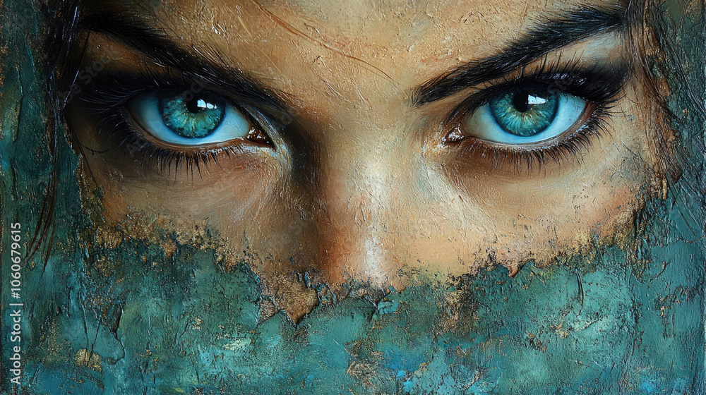 Poster striking blue eyes gaze intensely through a layer of weathered paint, creating a captivating and mys