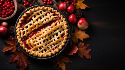 A Freshly Baked Apple Pie Surrounded by Autumn Leaves and Fresh Apples on a Dark Wooden Surface