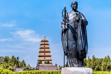The Big Wild Goose Pagoda and Tang Xuanzang Statue at Dacien Temple in Xi'an, Shaanxi Province, China © Govan