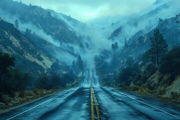 Fototapeta premium A Winding Road Through Misty Mountain Terrain