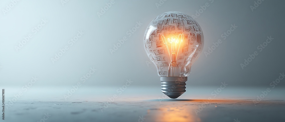 Poster engaging 3d visualization of a lightbulb filled with handdrawn business sketches on a pristine white